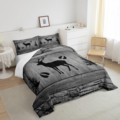 Manfei Rustic Deer Comforter Set Twin Size, Black Trees Deer Paw Print Bedding Set 2pcs for Kids Boys Teens Room Decor, Grey Wooden Plank Down Comforter Wild Animal Quilt Set with 1 Pillowcase