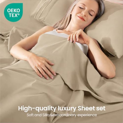 Sand Color King Size Sheet Set, Pre-washed Microfiber Cotton-Like 4 Pcs Ultra Soft Bedding Set King, Breathable Cooling Skin-Friendly All Seasons, 1 Fitted, 1 Flat, 2 Pillowcases (Sand, King)