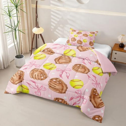 Cartoon Baseball Comforter Set Toddler Size,Pink Silk Bow Print Bedding Sets 2Pcs for Kids Girls Boys Room Decor,Coquette Little Star Quilted Duvet Brown Baseball Gloves Down Comforter,1 Pillowcase