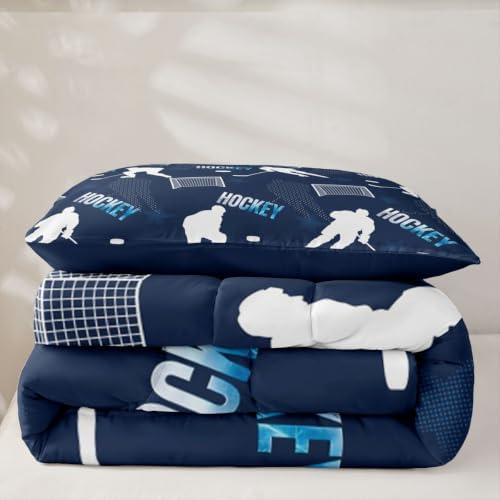 Castle Fairy Hockey Down Comforter Queen Size,White Silhouette Goal Bed in a Bag 3Pcs for Kids Teens Woman Men Room Decor,Navy Blue Quilted Duvet Sports Theme Bedspread,2 Pillowcases