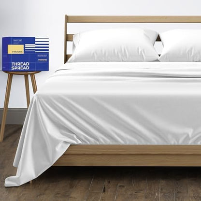 THREAD SPREAD Egyptian Cotton Sheets Queen Size - 1000 Series High Thread Count Cotton Queen Sheet Set (4 PC, White), 16" Snug Fit Deep Pocket, Cooling, Sateen Weave, Ultra-Soft Hotel Luxury Sheets