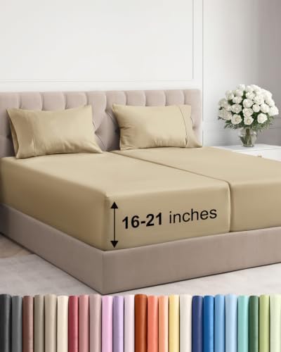 Extra Deep Pocket Split King Size Sheet Set - Breathable & Cooling - Beige