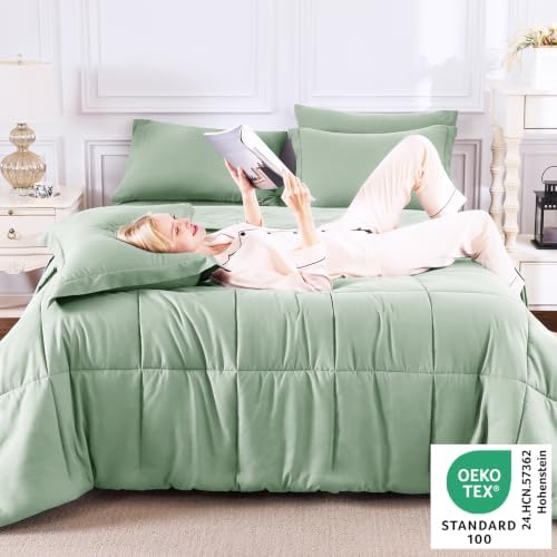 CozyLux Full Size Comforter Sets, 7-Piece Bed in a Bag, Sage Green