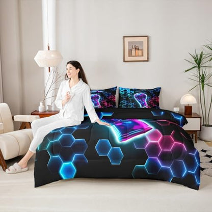 Erosebridal Boxing Gifts Comforter Sets with Sheets - 3D Glitter Gloves Bedding Set King for Boys Girls Colorful Neon Lights 7Pcs Bed in A Bag, Hexagon Honeycomb Bed Set