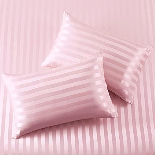 SiinvdaBZX 4Pcs Satin Striped Sheet Full Size Set Italian Style Blush Pink