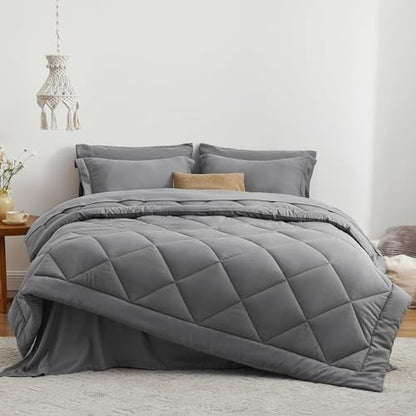 Love's cabin California King Comforter Set Grey, 7 Pieces California King Bed in a Bag, All Season Bedding Sets with 1 Comforter, 1 Flat Sheet, 1 Fitted Sheet, 2 Pillowcase and 2 Pillow Sham