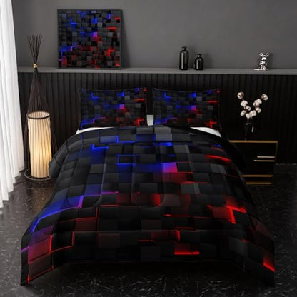 Nttopship Neon Blue and Red Black Comforter Set King Geometric Kids Bedding Set,3 PCS Geometry Honeycomb Modern Room Decor Quilt Set 1 Comforter 2 Pillow Cases All Season B-Side Black