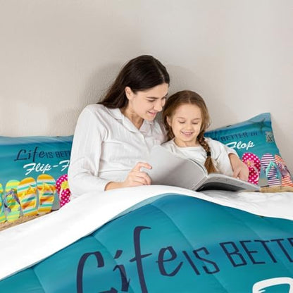 Ocean Beach Bedding Set King Size Colorful Flip Flops Comforter Set 3pcs Retro Summer Holiday Themed Quilted Duvet for Kids Teens Room Decor Women Men Romantic Hawaii Duvet Insert,2 Pillowcases