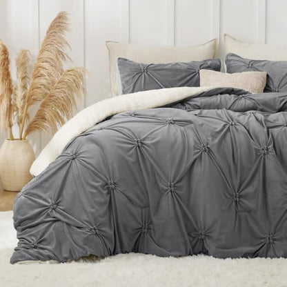 BEDELITE Fluffy Sherpa Twin Comforter Set,Pintuck-Grey