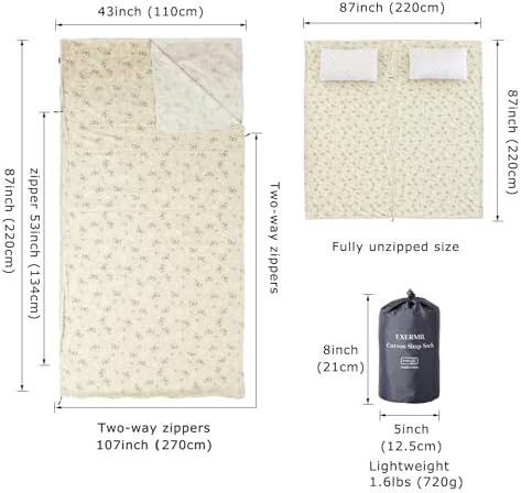 100% Cotton Sleeping Bag Liner with Full Length Zipper on 3 Sides; Single/Double Adult Sleep Sack for Travel & Camping, Multifunctional Travel Sheets (Unzipped 87”x87”) for Hotel, Lightweight