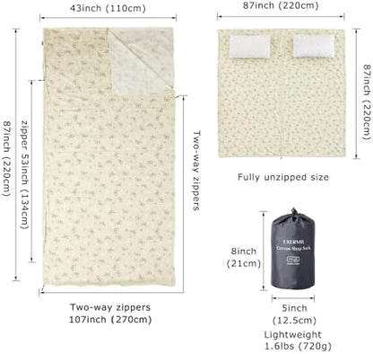 100% Cotton Sleeping Bag Liner with Full Length Zipper on 3 Sides; Single/Double Adult Sleep Sack for Travel & Camping, Multifunctional Travel Sheets (Unzipped 87”x87”) for Hotel, Lightweight