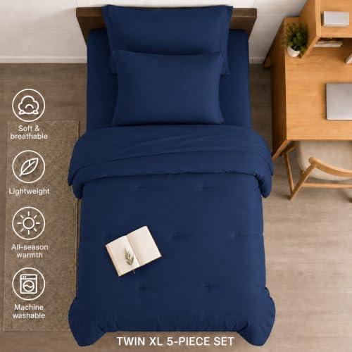 HIMEET Twin Comforter Sets, 5-Piece Point-Quilted Bed in a Bag, Navy Blue