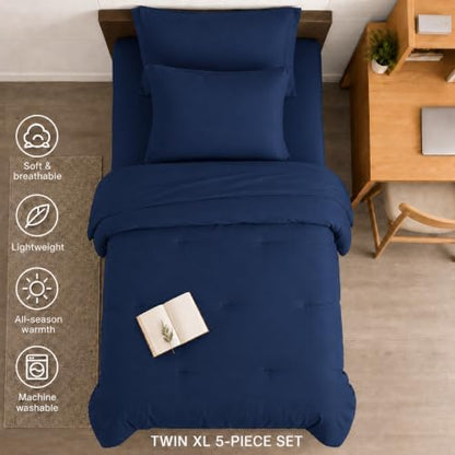 HIMEET Twin Comforter Sets, 5-Piece Point-Quilted Bed in a Bag, Navy Blue