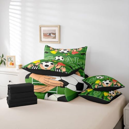 Erosebridal Soccer Gaming Boys Kids Green Football Court King 7-Piece Comforter Set | Ball Games Sheets and Pillowcases Sports Theme Playground Bed in A Bag Striped Bed Sets
