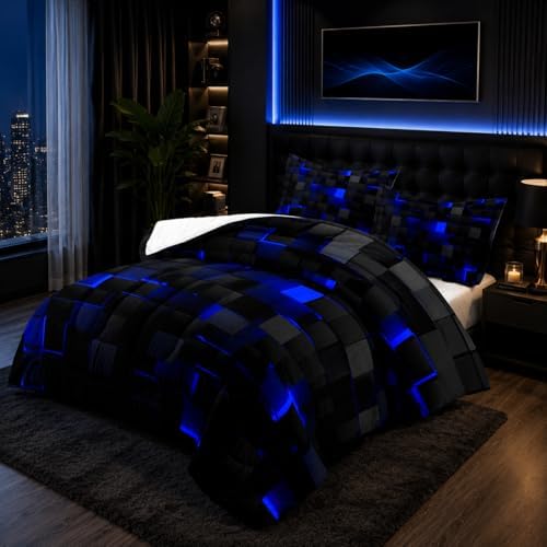 Nttopship Geometric Blue Black Comforter Set,Light Honeycomb 3 Piece Bedding Set Twin Size for Teen Boys,Modern Quilt Set Geometry Decor,Microfiber Lightweight 1 Comforter 2 Pillowcases All Season