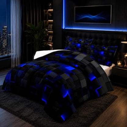 Nttopship Geometric Blue Black Comforter Set,Light Honeycomb 3 Piece Bedding Set King Size for Teen Boys,Modern Quilt Set Geometry Decor,Microfiber Lightweight 1 Comforter 2 Pillowcases All Season