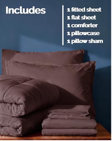 Twin Comforter Set - 5 Piece Reversible Bed in a Bag Twin - Brown/Beige