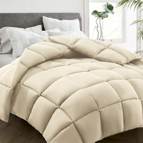 HYLEORY All Season King Size Bed Comforter - Cooling Down Alternative Quilted Duvet Insert with Corner Tabs - Winter Warm - Machine Washable - Beige