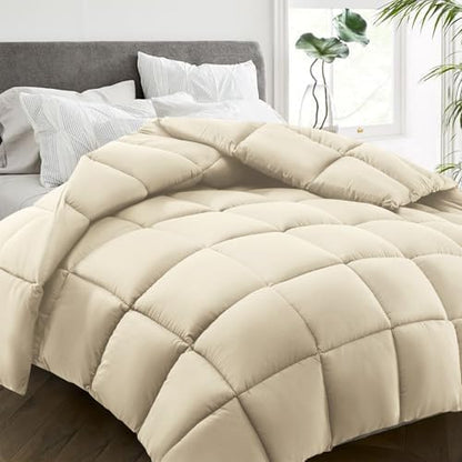 HYLEORY All Season King Size Bed Comforter - Cooling Down Alternative Quilted Duvet Insert with Corner Tabs - Winter Warm - Machine Washable - Beige