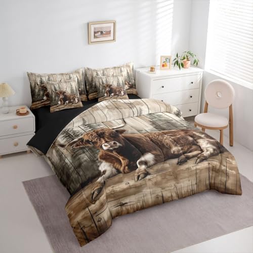 Erosebridal Rustic Highland Cow Bed in A Bag 7 Pcs Farm Animal Comforter Set for Kids Teens Western Country Forest Bedding Sets Queen Farmhouse Wildlife Sheet Set with Comforter