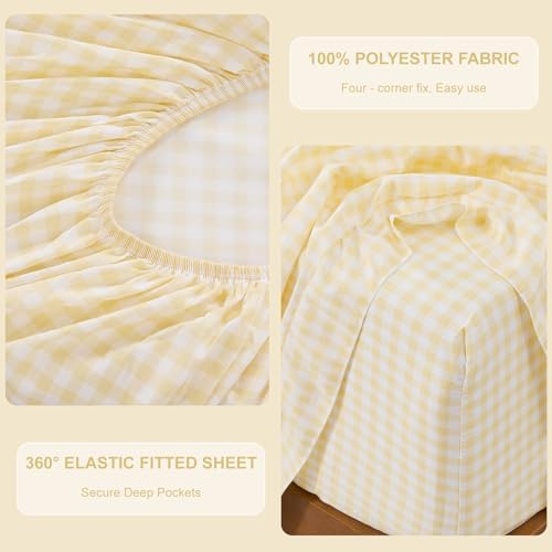 Gingham King Sheet Set, Lightweight Super Soft Brushed Microfiber Plaid Bed Sheets with 16" Deep Pocket, 4 Piece Ruffle Farmhouse Bedroom Decor, Yellow