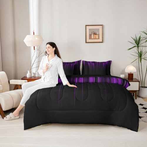 Feelyou Neon Purple Comforter Set King SizeGeometric 7 Pcs Bedding for Kids and AdultsOmbre Boys Girls Bed in a Bag Bed Sheet Sets with Fitted Sheet Pillowcases for Bedroom Bed Decor