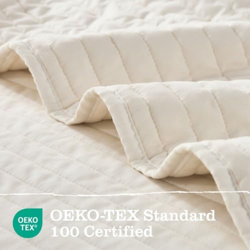 DOWN HOME Queen Quilt Bedding Set with Shams, Vintage Washed Soft Quilted Blanket Thin Comforter Lightweight Bedspread Coverlet Bed Cover, Brushed Microfiber Stripe Stitching, Linen White, 86"x90"