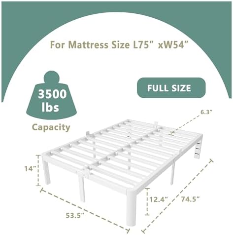 ITIMIDI 14 Inch Full Platform Bed, Heavy Duty Steel, No Box Spring, White