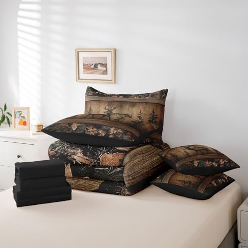 Erosebridal Camo Moose Bed in A Bag 7 Piece Rustic Tree Camouflage Bedding Set Twin Woodland Hunting Animal Comforter Set with Sheets for Kids Adults Farmhouse Wood Board Pine Tree Wildlife Bed Set