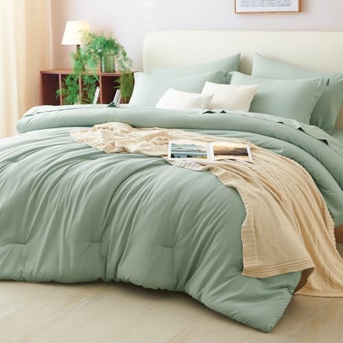 CozyLux California King Comforter Set Sage Green, 7 Pieces Bed in a Bag