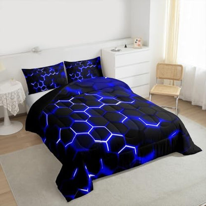 Erosebridal Honeycomb Comforter Set Neon Light Geometric Bedding Set King for Kids Boys Teens,Hexagonal Bedding Comforter Sets Soft Microfiber Quilt Set 2 Pillow Cases Blue Black Room Decor