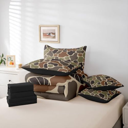 Erosebridal Basketball 7 Piece Bedding Set Full Camo Comforter Set with Sheets Basketballer Camouflage Pattern Bed in a Bag Sport Theme Brown Green Camo for Kids Boys Teens