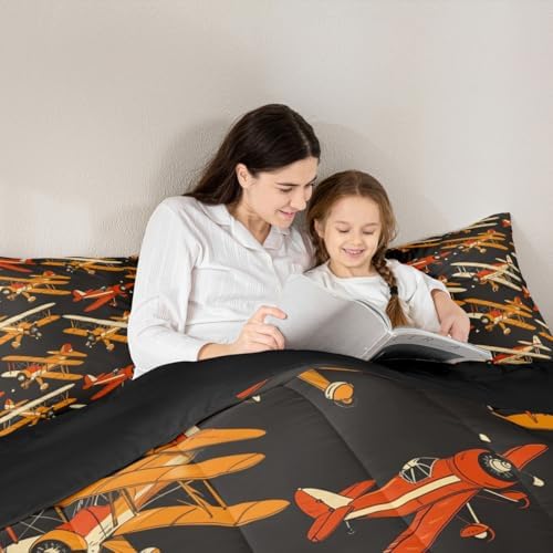 Erosebridal Cartoon Aircraft Comforter Set Toddler, Modern Airplane Bedding Set, Propeller Plane Comforter for Kids Boys Men Bedroom Decor, Aviation Theme Black Quilt with 1 Pillowcase, 2 Pcs