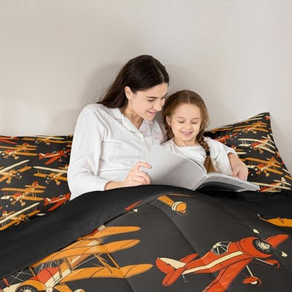 Erosebridal Cartoon Aircraft Comforter Set Toddler, Modern Airplane Bedding Set, Propeller Plane Comforter for Kids Boys Men Bedroom Decor, Aviation Theme Black Quilt with 1 Pillowcase, 2 Pcs