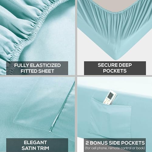 Mueller Ultratemp Bed Sheets Set, Super Soft, 6 Piece California King Sheet Sets, Deep Pocket up to 16", Transfers Heat, Breathes Better, Hypoallergenic, Wrinkle-Resistant, Oeko-TEX, Aqua