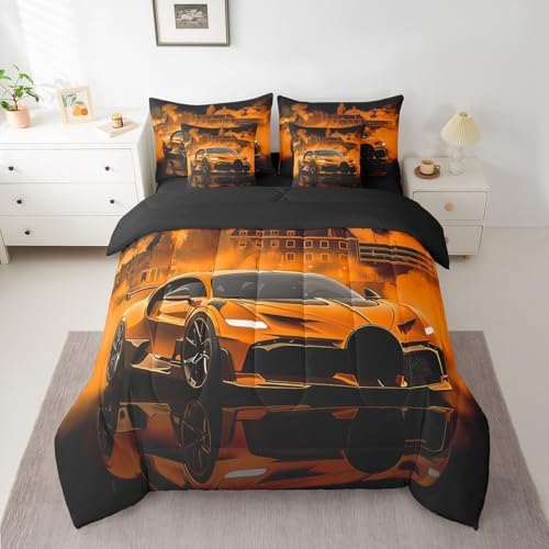jejeloiu Kids Race Car Comforter Set with Sheets King Size Extreme Sport Games Bedding Set for Boys Girls Bedroom Decor Modern Orange Bed in a Bag Soft Lightweight Microfiber