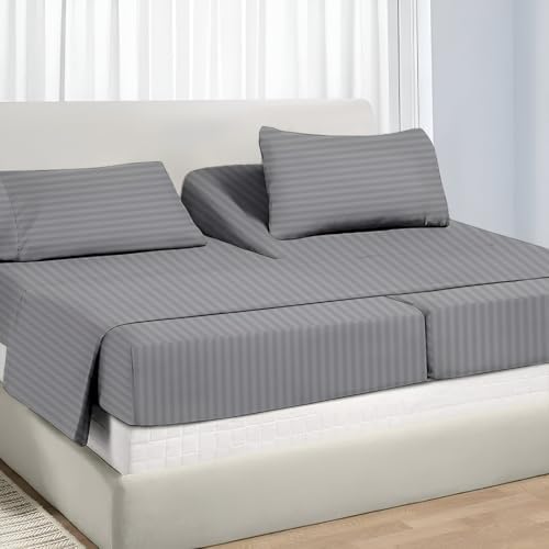 NON Sticky cotton Adjustable Split Queen Sheet Set for Sleep Number Beds, Premium 100% Long Staple Cotton Bedding, Two 30" X 80" Fitted Sheets Fits Up to 18" Deep Mattress, Light Grey Stripe