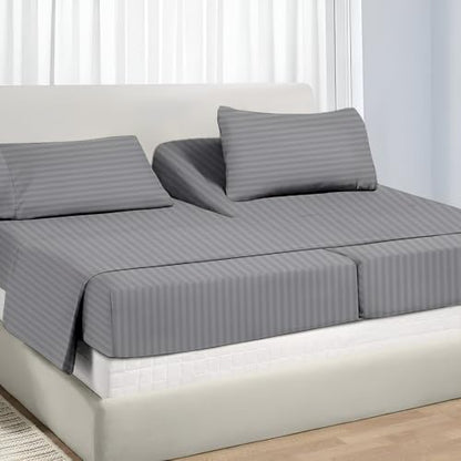 NON Sticky cotton Adjustable Split Queen Sheet Set for Sleep Number Beds, Premium 100% Long Staple Cotton Bedding, Two 30" X 80" Fitted Sheets Fits Up to 18" Deep Mattress, Light Grey Stripe