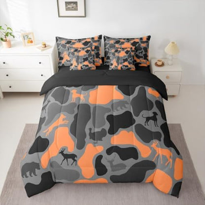 Erosebridal Hunter Deer 7 Piece Bedding Set Queen Camouflage Comforter Set with Sheets Black Orange Army Camo Woods Bed in a Bag Hound Bear Wolf Turkey Pattern for Kids Boys Girls