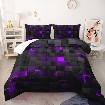 Geometric Violet Black Comforter Set,Light Honeycomb 3 Piece Bedding Set King Size for Teen Boys,Modern Bedding Quilt Set Geometry Decor,Microfiber Lightweight 1 Comforter 2 Pillowcases All Season
