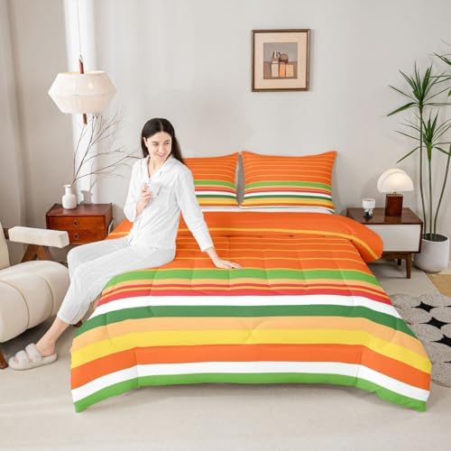 jejeloiu Orange Green Yellow Stripes Comforter Set Toddler Size Geometric Bedding Set for Kids Boys Girls Modern Duvet Quilt Luxury Bedroom Decor Microfiber 2 Pcs with 1 Pillow Cases