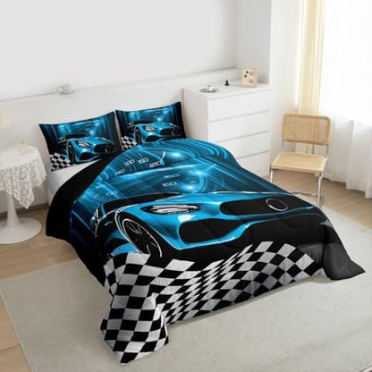 Erosebridal Teal Race Car Comforter Set for Toddler Boys,Glitter Ombre Line Art Toddler Bedding Sets for Boys Neon Light Sports Car Dashboard Quilt,Black and White Grid Lattice Buffalo Plaid Decor