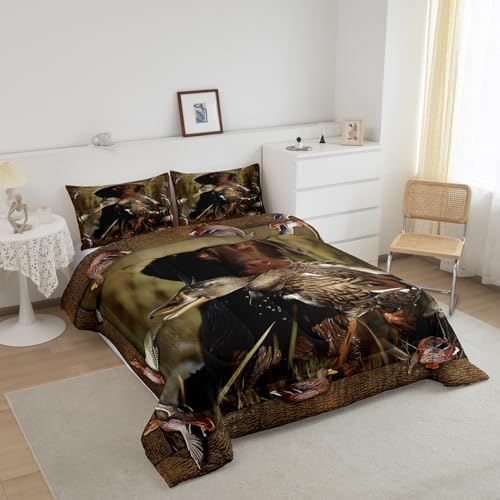 Erosebridal Duck Hunting Bedding Dog Hunter Comforter Set for Kids Boys Girls Wild Animal Mallard Print Duvet and Fishing Farmhouse Theme Quilts Wildlife Flying Full Size 3 Pcs