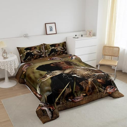 Erosebridal Duck Hunting Bedding Dog Hunter Comforter Set for Kids Boys Girls Wild Animal Mallard Print Duvet and Fishing Farmhouse Theme Quilts Wildlife Flying Full Size 3 Pcs