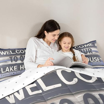 Manfei Lake House Comforter Set Toddler Size, Rustic Cabin Lake Life Bedding Set 2pcs, Farmhouse Wooden Plank Down Comforter for All Season, Kids Boys Teen Room Decor, 1 Pillowcase, No Sheets