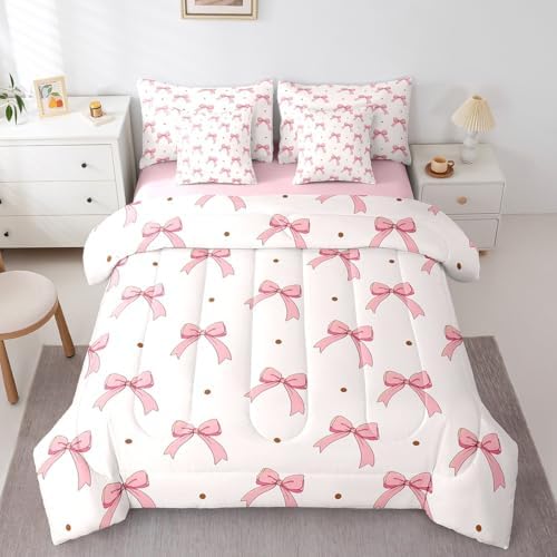Feelyou Pink Bow Bed Set for Kids Girls Woman Queen Size Cute Coquette Bow Knot 7 Pieces Beeding Set Ultra Soft Girly Bed in a Bag with Comforter, Sheets, Pillowcases Bowknot Room Decor Bow Decor