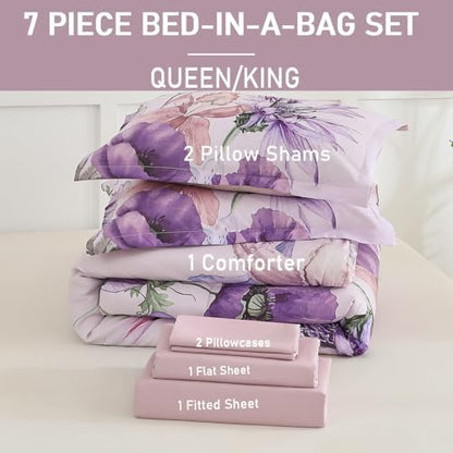 Yogeneg King Size Comforter Set 7 Piece Bed in a Bag,Elegant Floral Botanical Pattern Purple Bedding Set,Soft Microfiber Comforter with Sheet Set,All Season Bed Set(Purple Floral,King)