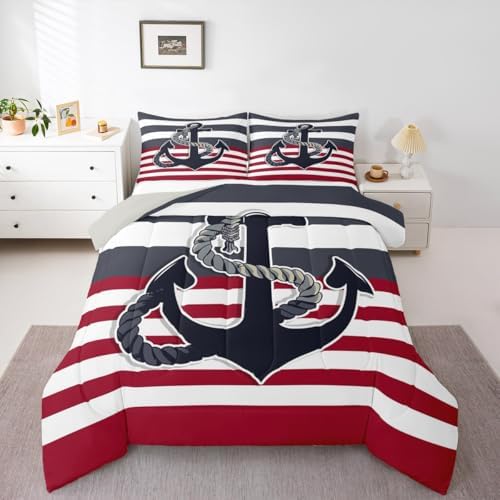 Nautical Anchor Comforter Set Full Size,Black Red Stripes Bedding Set 3pcs for Kids Teens Boys Adults Room Decor,Sea Adventure Themed Quilt Set Geometric Abstract Duvet Insert,2 Pillowcases