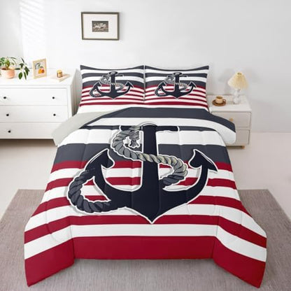 Nautical Anchor Comforter Set Full Size,Black Red Stripes Bedding Set 3pcs for Kids Teens Boys Adults Room Decor,Sea Adventure Themed Quilt Set Geometric Abstract Duvet Insert,2 Pillowcases