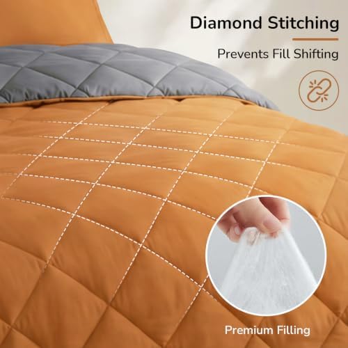 downluxe Queen Comforter Set - Burnt Orange and Grey Queen Comforter, Soft Bedding Sets for All Seasons -3 Pieces - 1 Comforter (88"x92") and 2 Pillow Shams(20"x26")